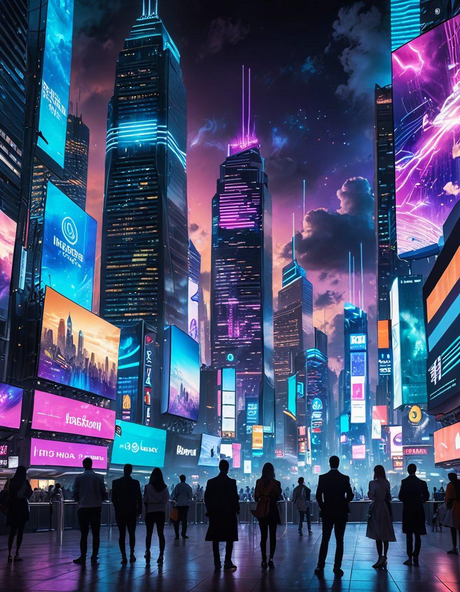 A futuristic cityscape representing the virtual insurance landscape, filled with digital billboards displaying various insurance options and smart technology. A diverse group of people consults holographic interfaces, symbolizing informed choices. Clouds of data flow above, indicating the vast information available for decision-making. Colorful neon lights create an engaging atmosphere, capturing the modernity of insurance services. vibrant colors. cyberpunk.