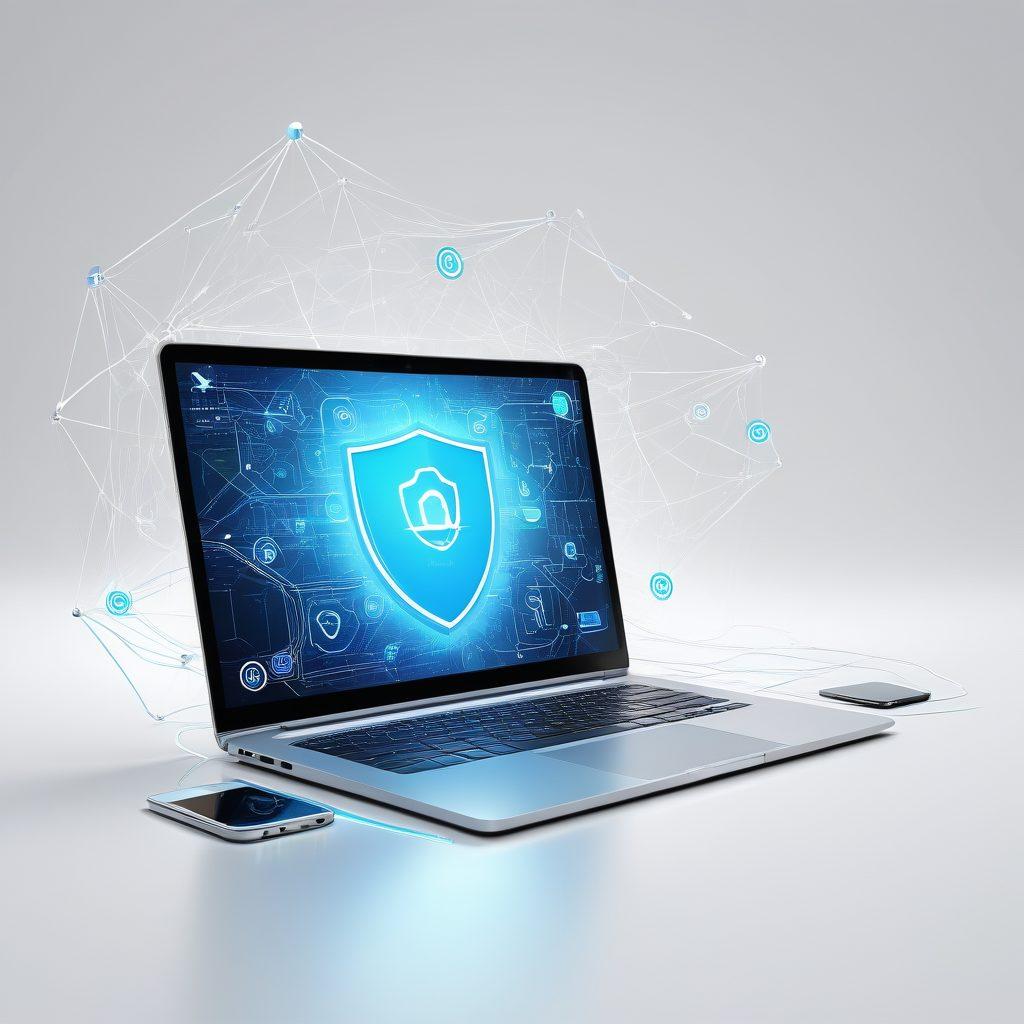 A modern digital landscape showcasing a laptop and smartphone displaying online insurance services, surrounded by diverse people happily engaging with digital interfaces. Emphasize seamless connectivity through glowing lines representing data flow and accessibility. Incorporate symbols of security and protection, such as shields or locks, amidst vibrant colors. A clear, bright background to depict a sense of innovation and trust. super-realistic. vibrant colors. white background.