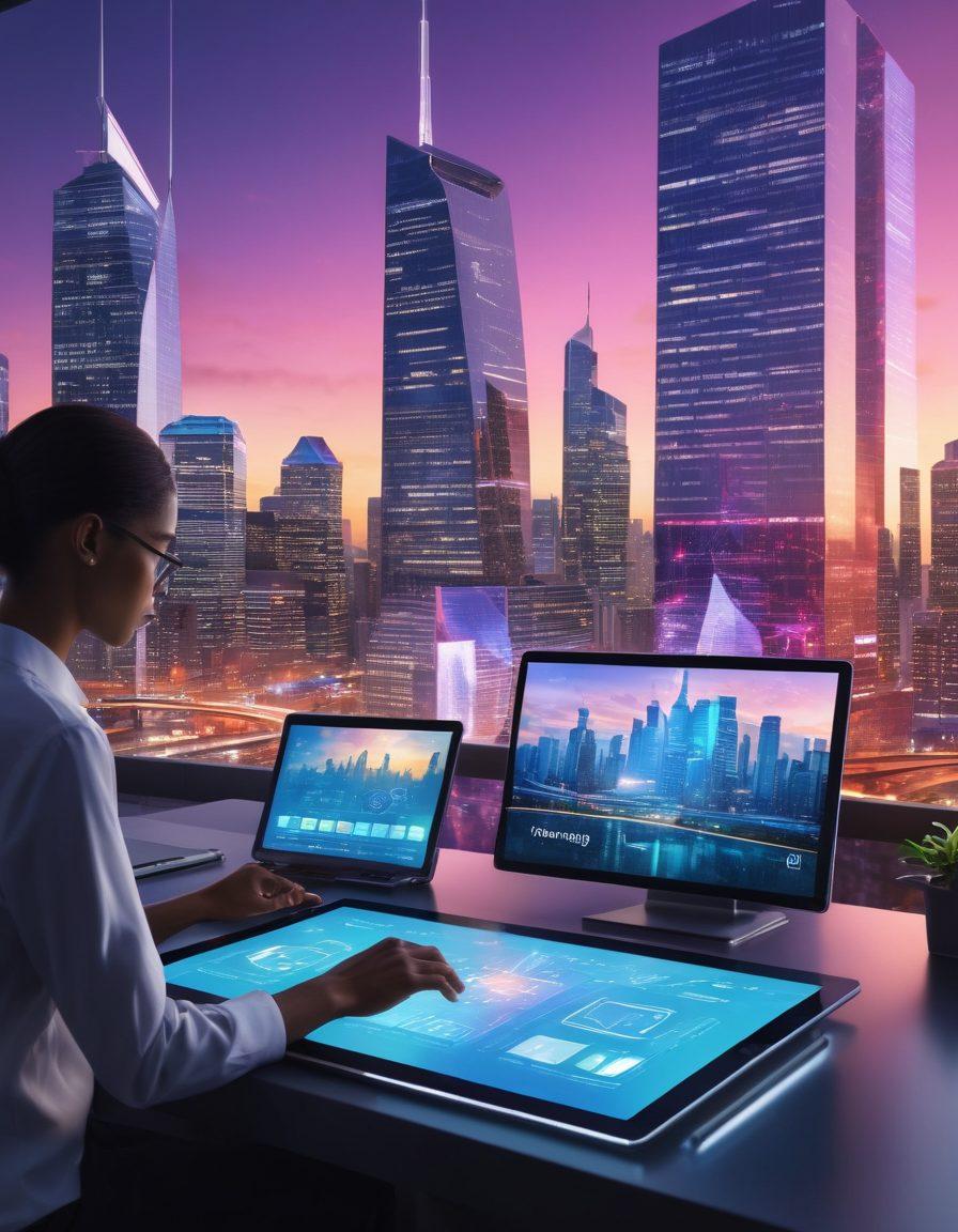 A futuristic digital landscape showcasing a diverse group of people engaging with various online insurance platforms on tablets and laptops. The scene is bright and inviting, with holographic data visuals arching overhead and icons representing different types of insurance coverage. In the background, a city skyline reflects innovation and advancement. The atmosphere conveys efficiency and security in digital solutions. vibrant colors. super-realistic.